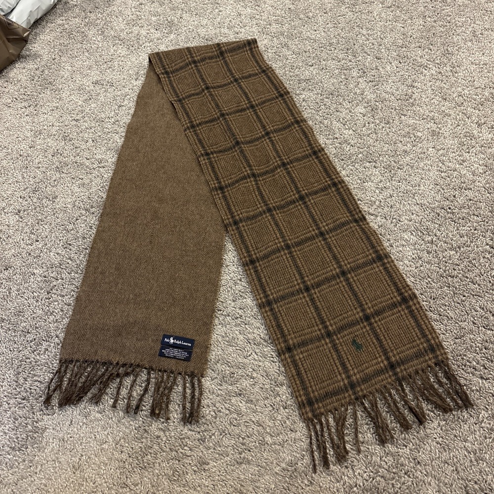 Polo Ralph Lauren Green Brown Plaid Lambswool Fringed Scarf Made In Italy Fringe